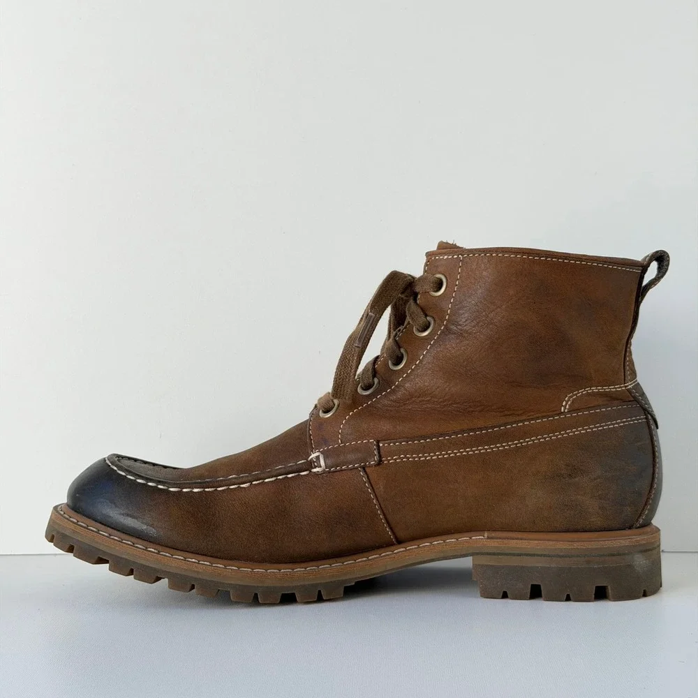 John Varvatos Work Boots Mens 9 Brown Leather Lug Sole Burnished Moc Toe